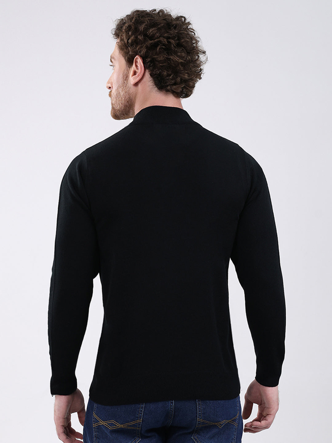 Men Black Solid Mock Neck Full Sleeve Pullover