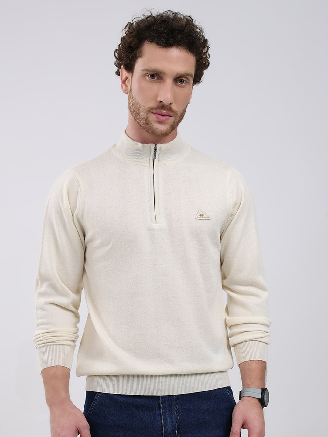 Men Cream Solid Mock Neck Full Sleeve Pullover