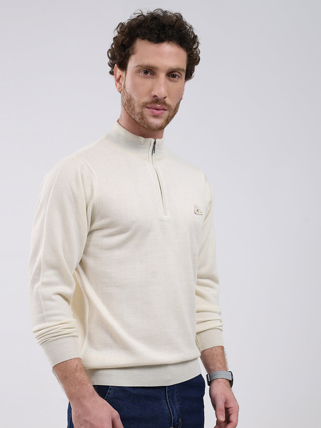 Men Cream Solid Mock Neck Full Sleeve Pullover