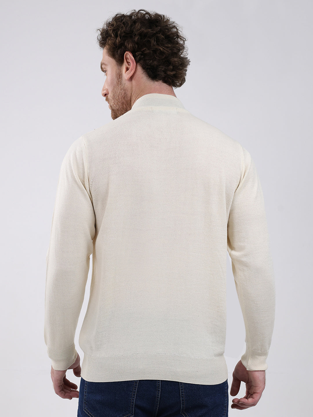 Men Cream Solid Mock Neck Full Sleeve Pullover