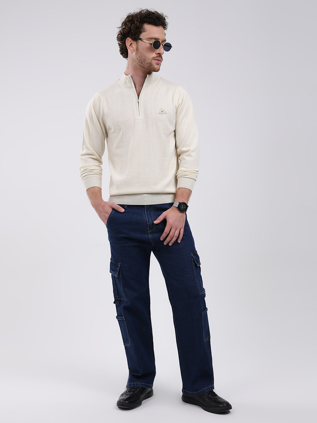 Men Cream Solid Mock Neck Full Sleeve Pullover