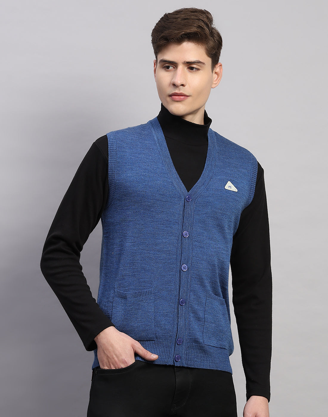 Men Blue Solid V Neck Sleeveless Cardigan
