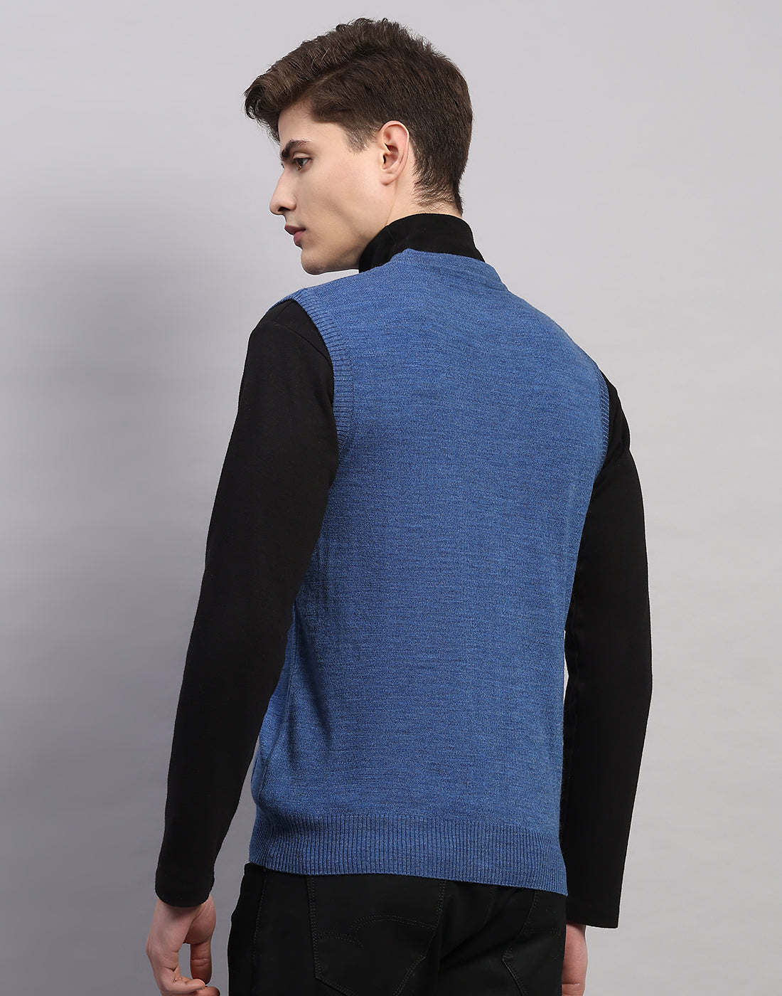 Men Blue Solid V Neck Sleeveless Cardigan