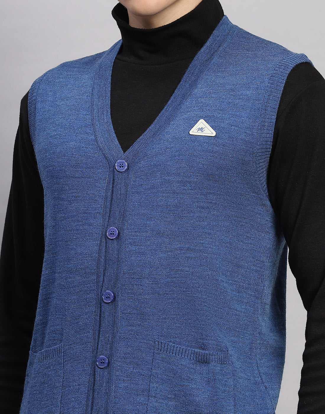 Men Blue Solid V Neck Sleeveless Cardigan