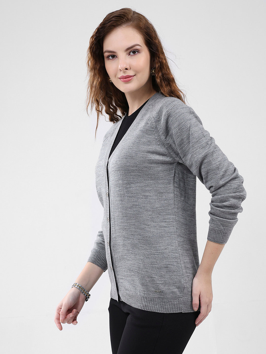 Women Grey Solid V Neck Full Sleeve Cardigan