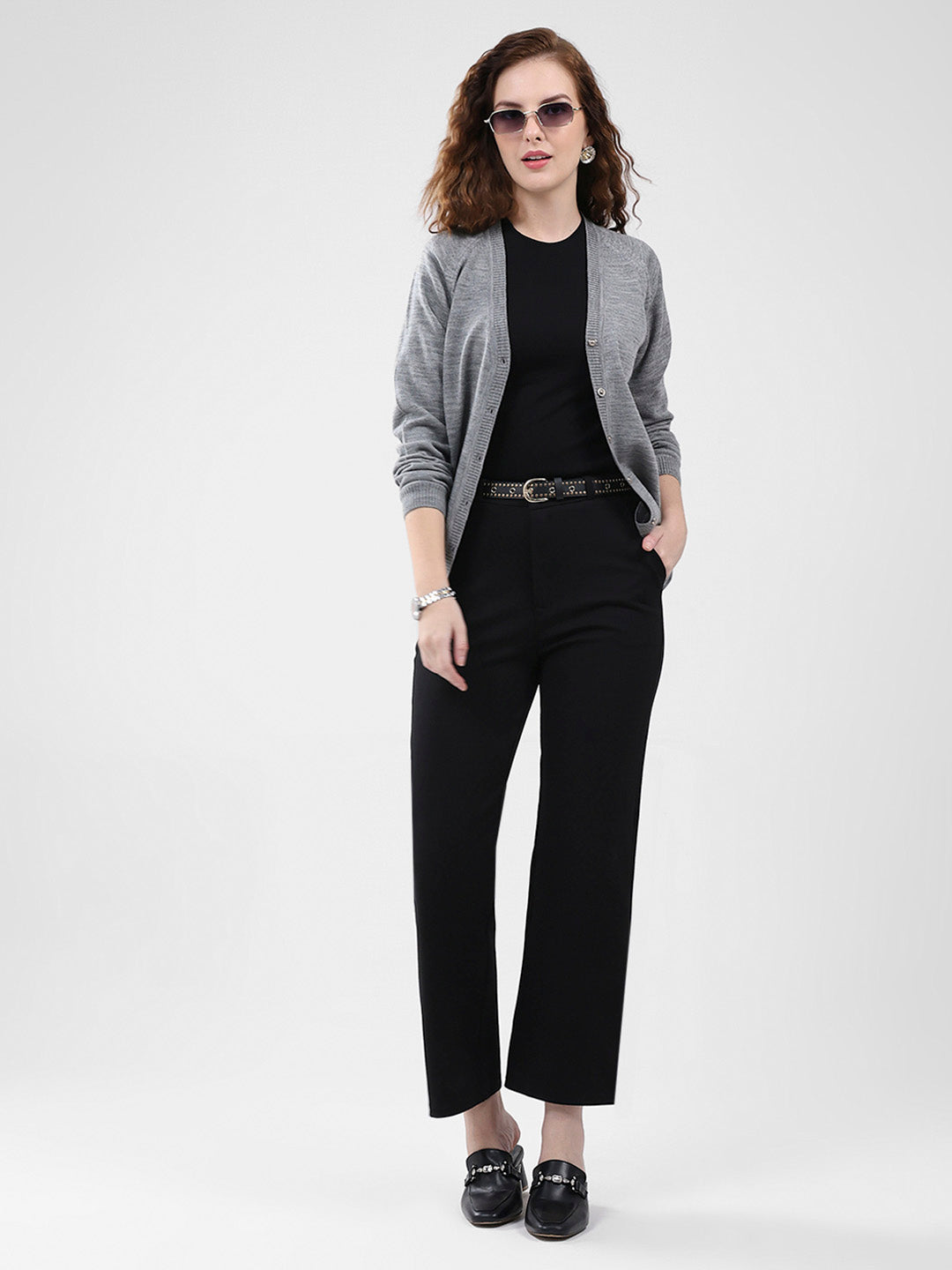 Women Grey Solid V Neck Full Sleeve Cardigan
