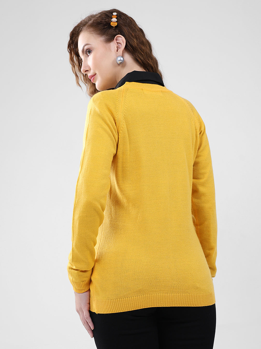 Women Yellow Solid V Neck Full Sleeve Cardigan