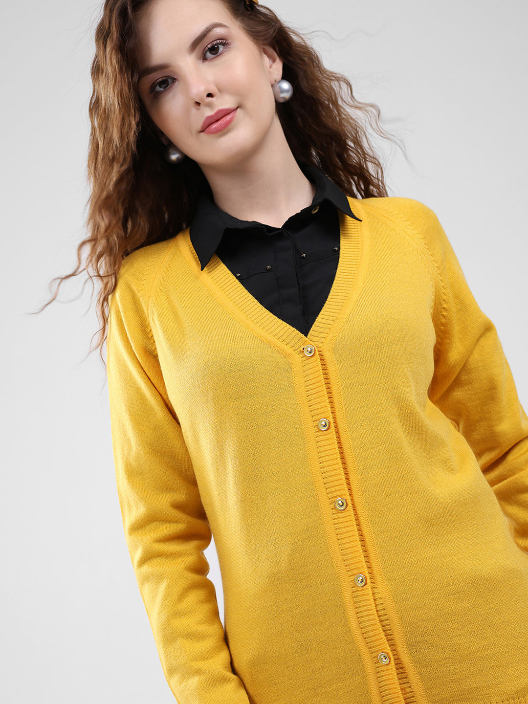 Women Yellow Solid V Neck Full Sleeve Cardigan