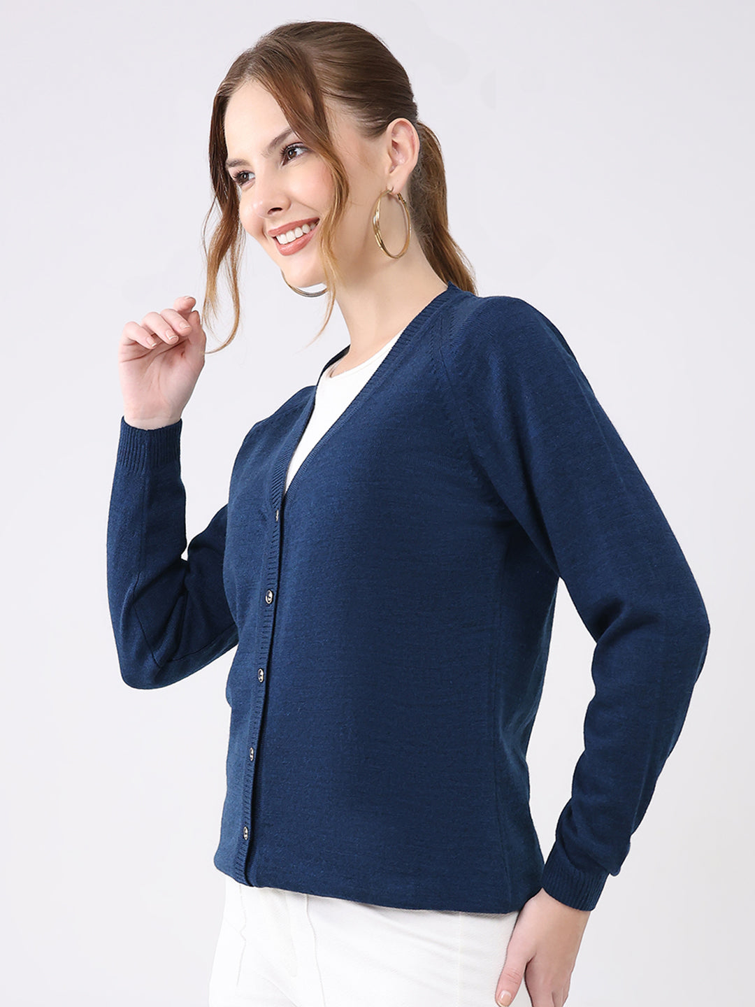 Women Blue Solid V Neck Full Sleeve Cardigan