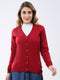 Women Red Solid V Neck Full Sleeve Cardigan