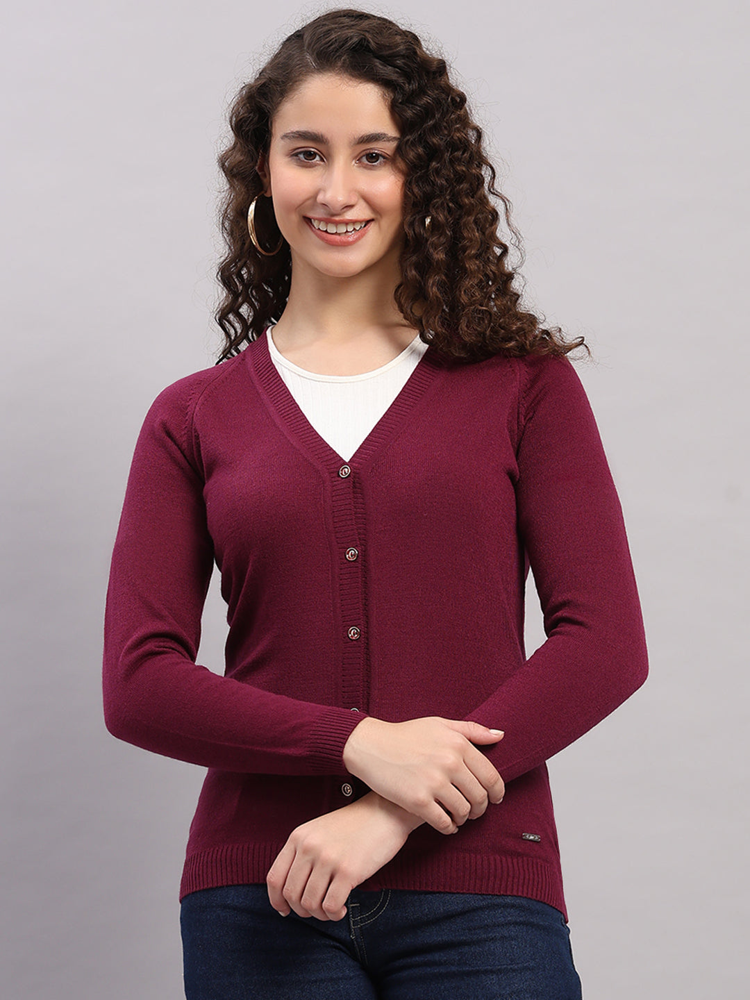 Women Purple Solid V Neck Full Sleeve Cardigan
