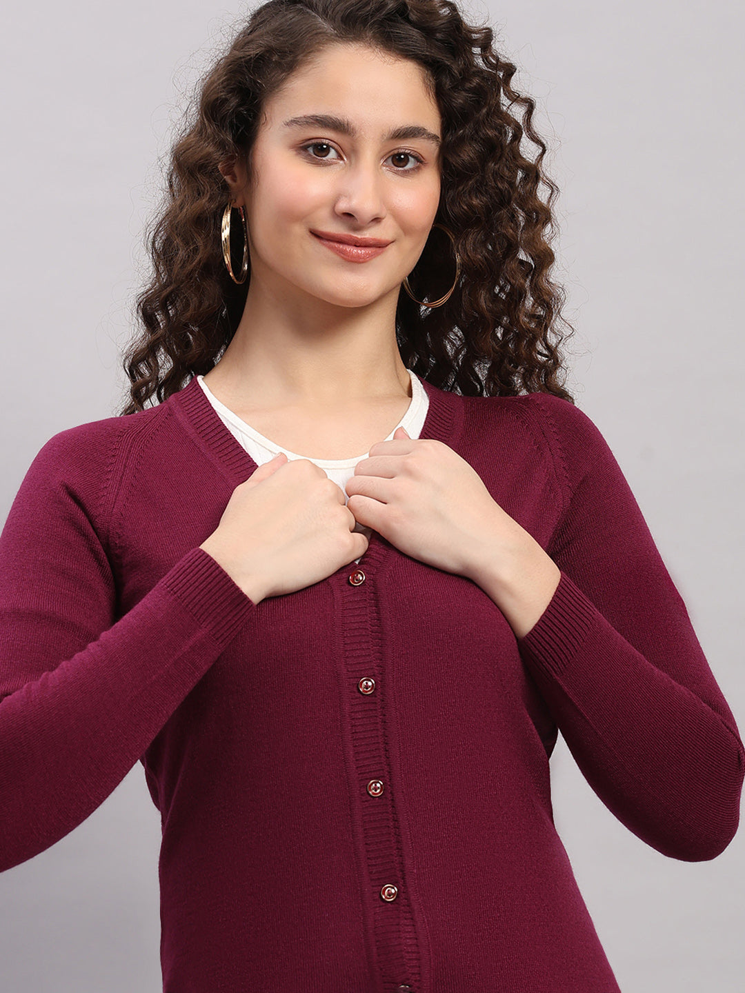 Women Purple Solid V Neck Full Sleeve Cardigan