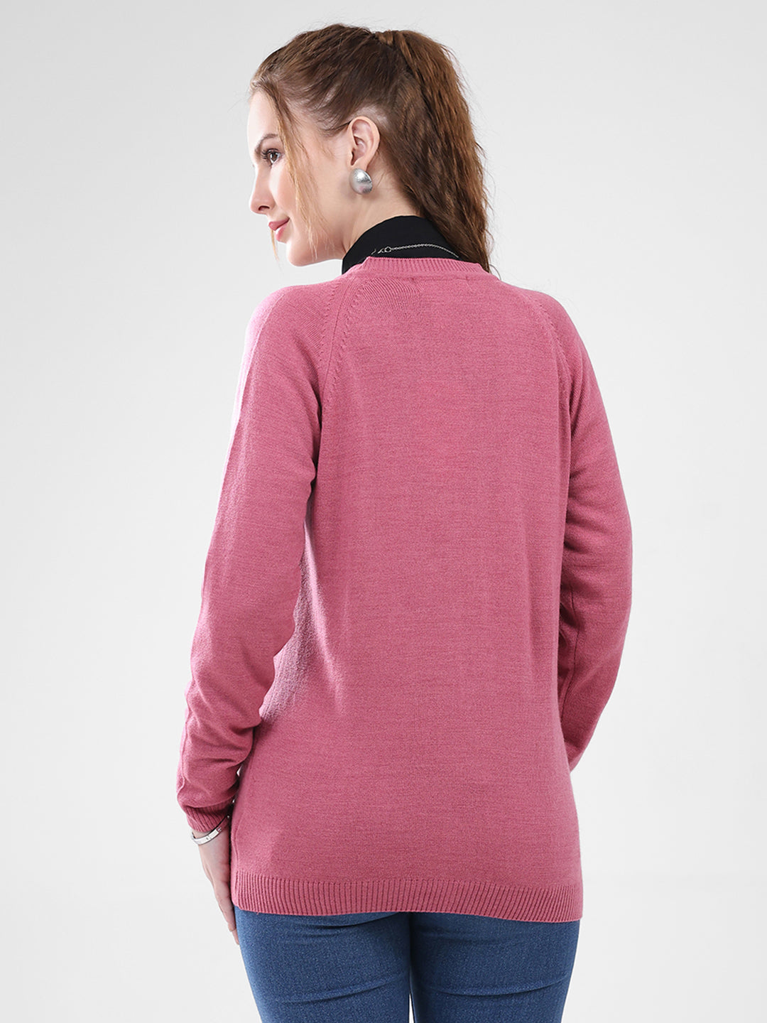 Women Pink Solid V Neck Full Sleeve Cardigan