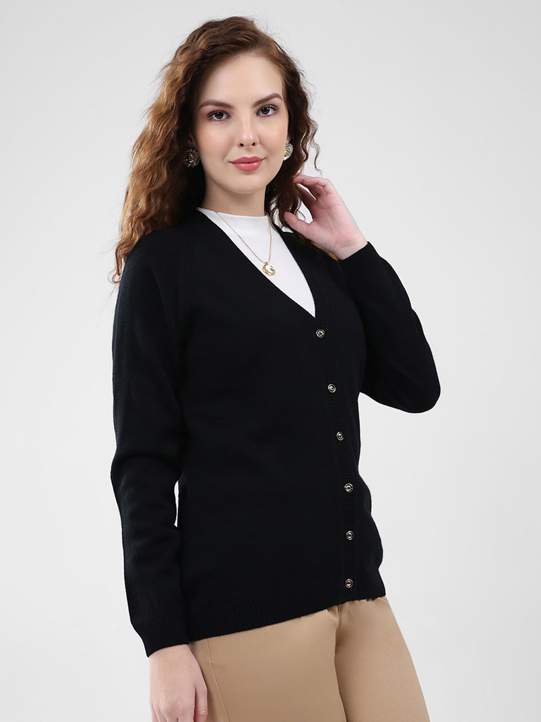 Women Black Solid V Neck Full Sleeve Cardigan