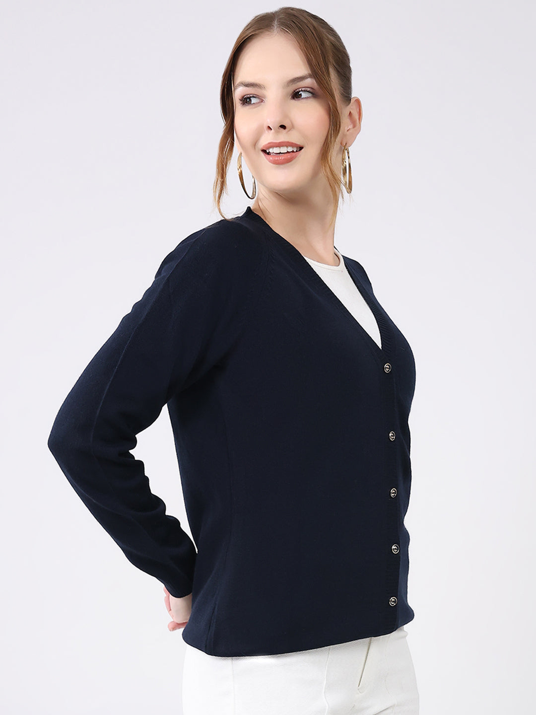 Women Navy Blue Solid V Neck Full Sleeve Cardigan