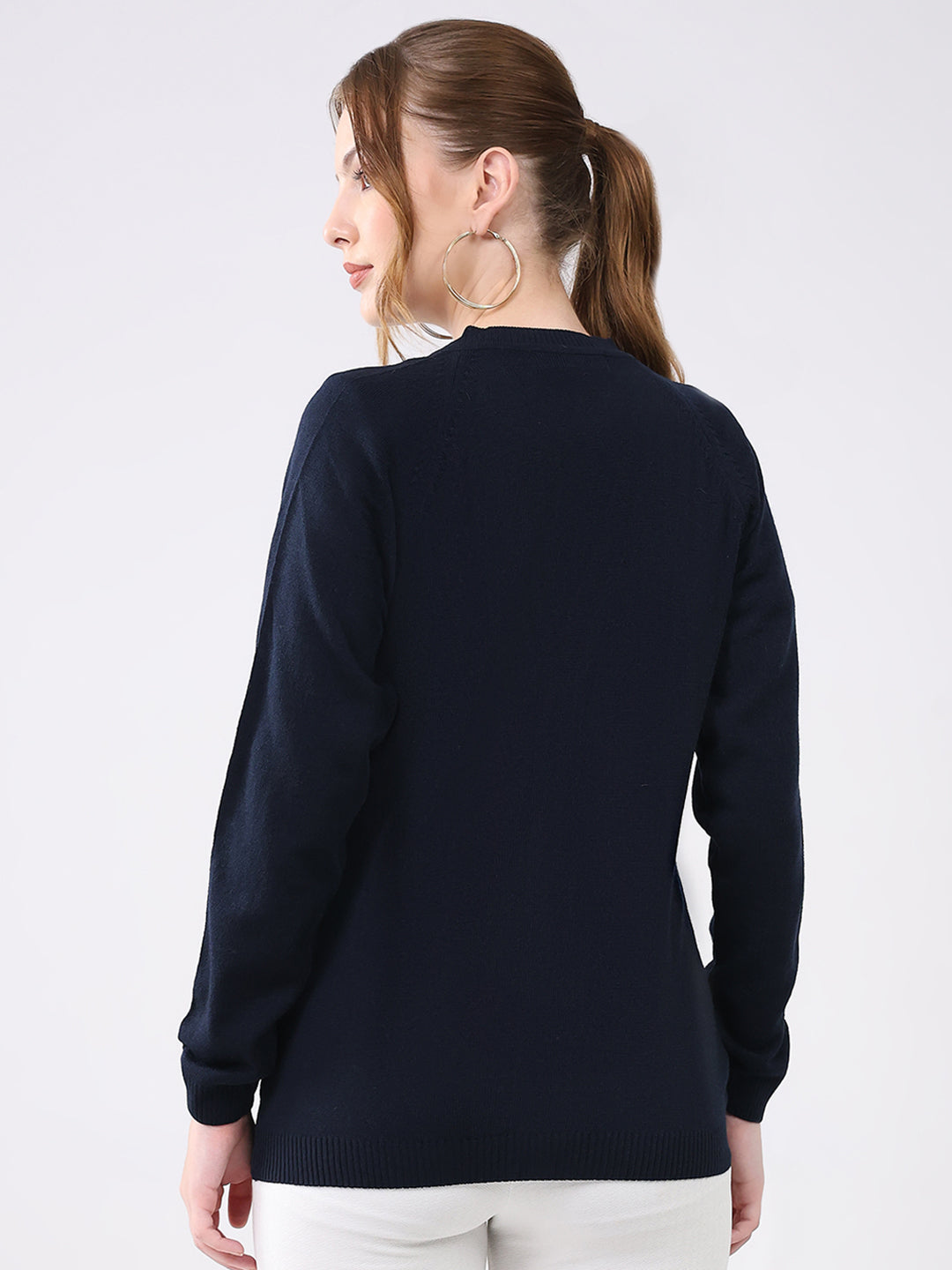 Women Navy Blue Solid V Neck Full Sleeve Cardigan