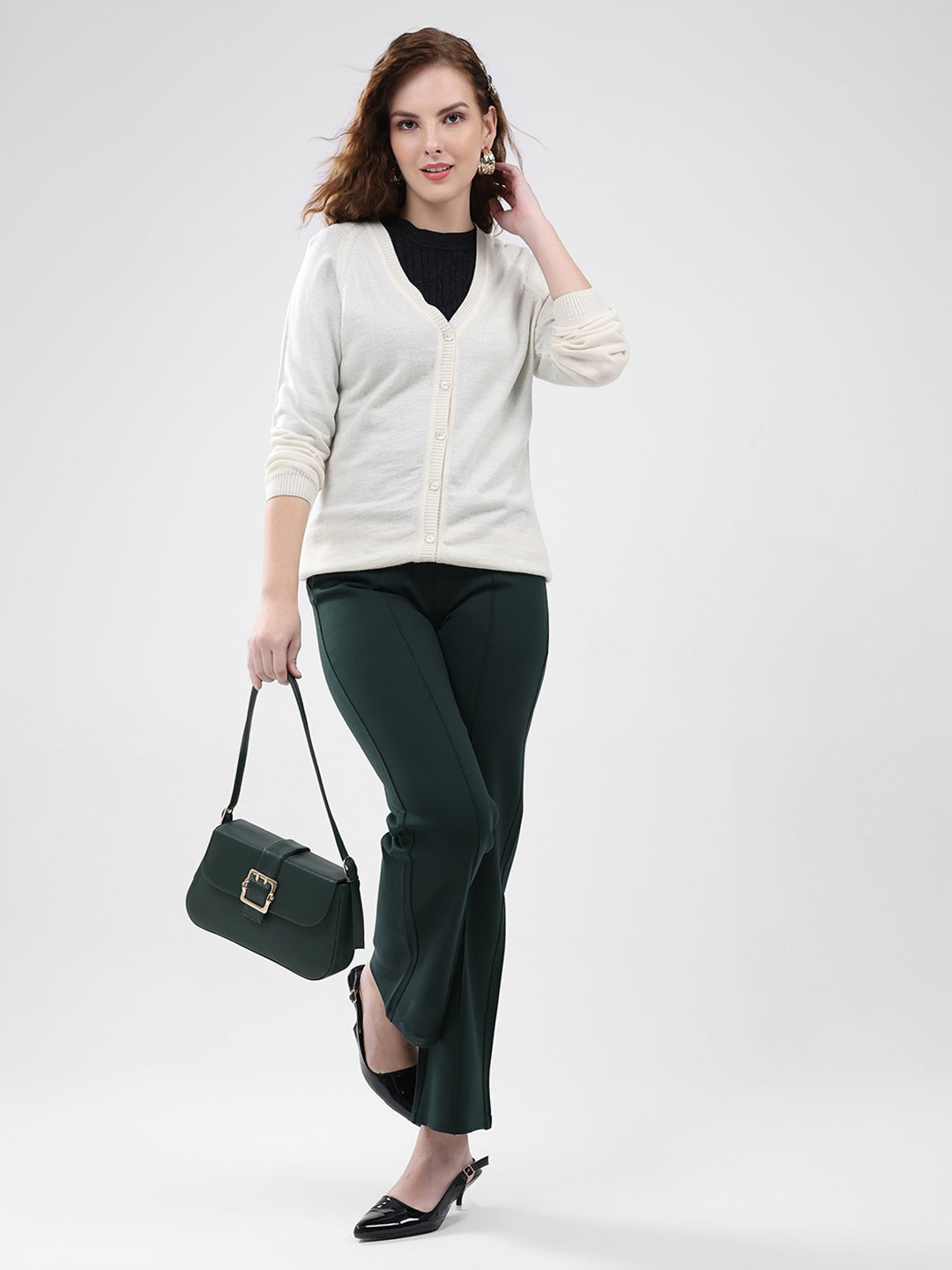 Women Cream Solid V Neck Full Sleeve Cardigan
