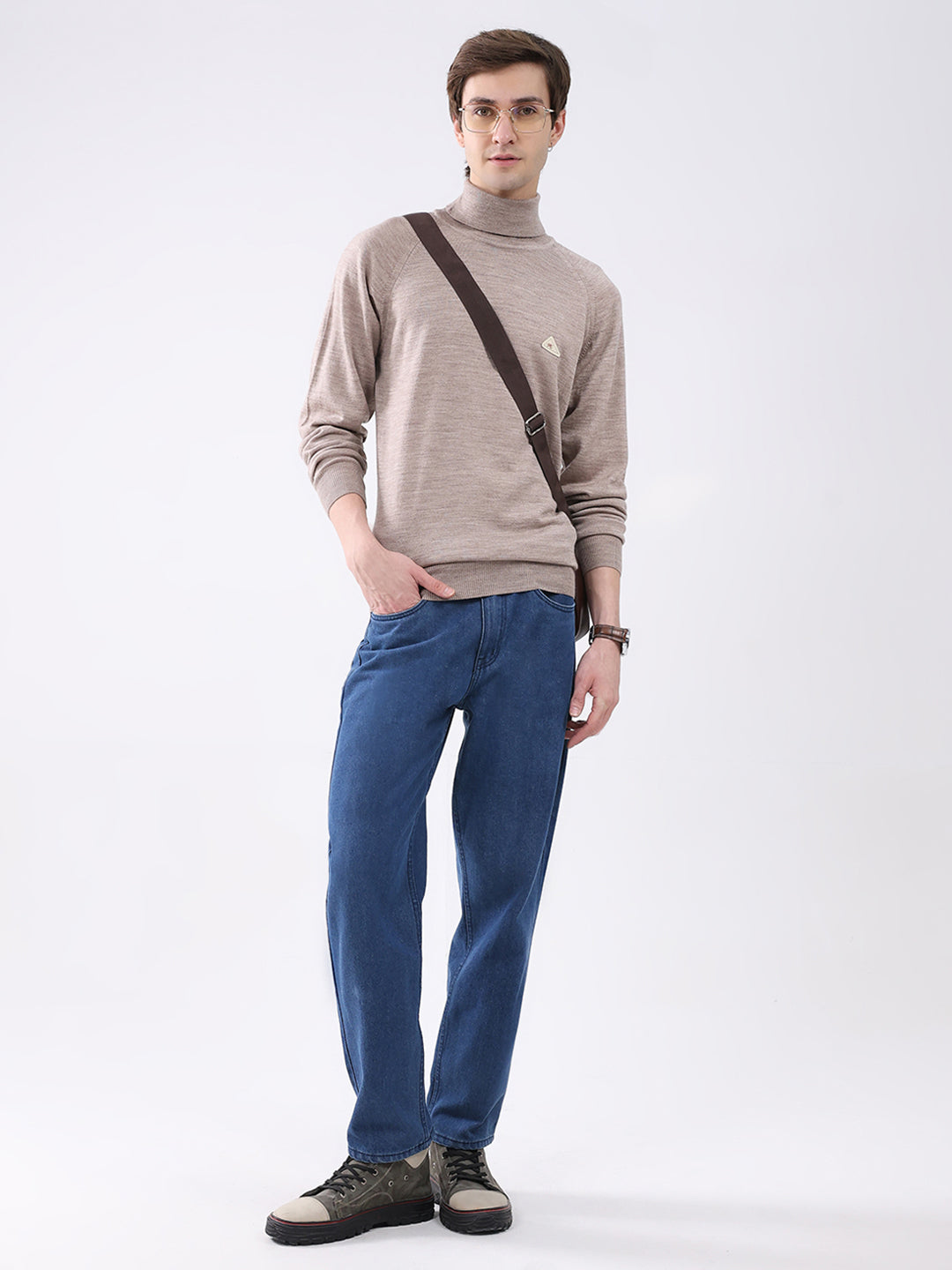 Men Beige Solid Turtle Neck Full Sleeve Pullover