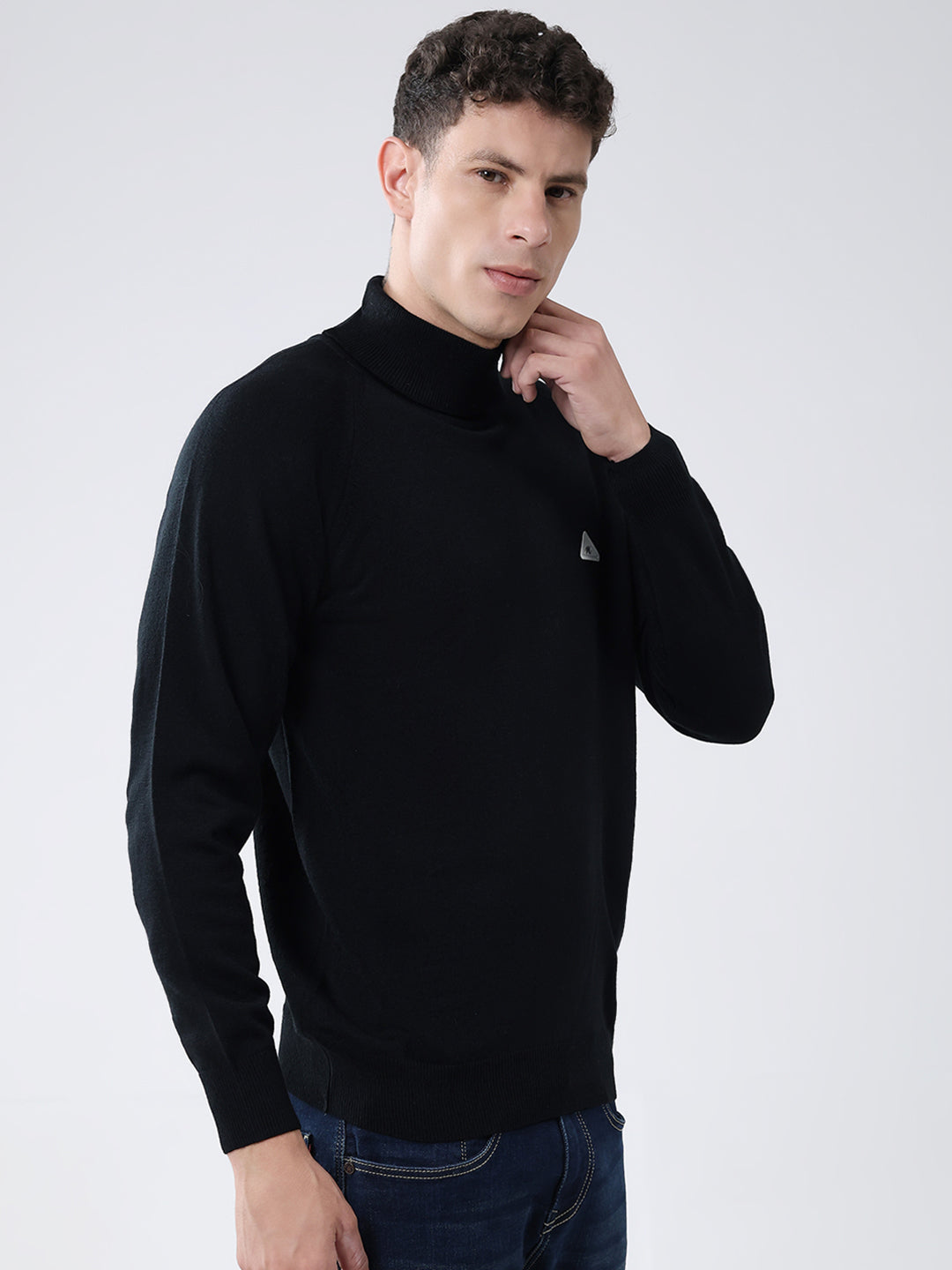 Men Black Solid High Neck Full Sleeve Pullover