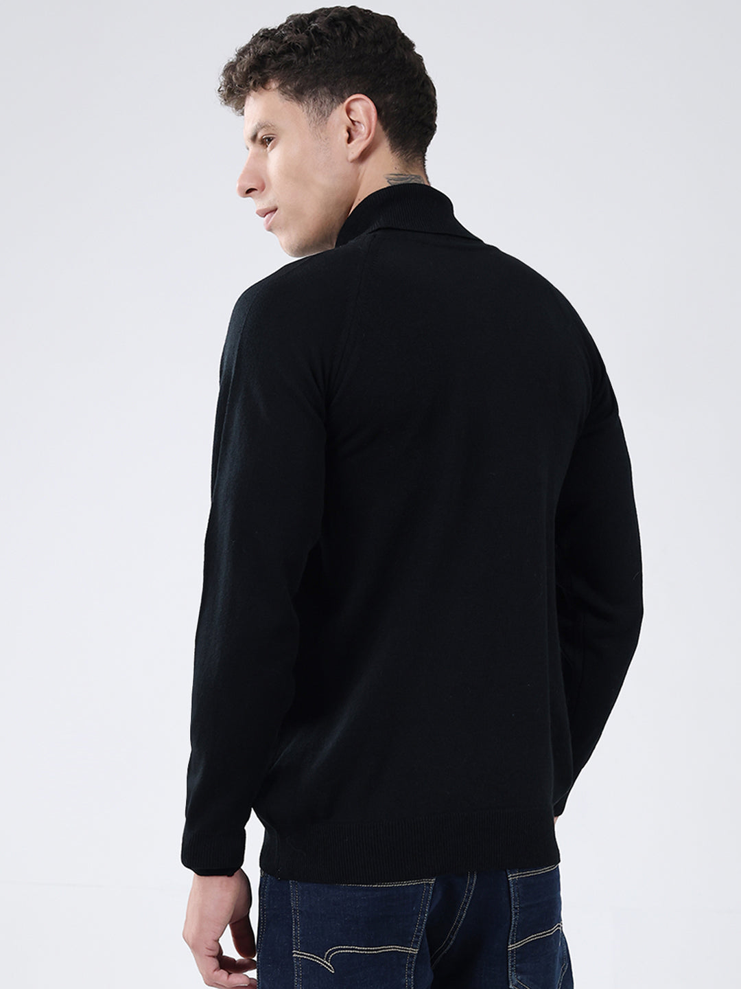 Men Black Solid High Neck Full Sleeve Pullover