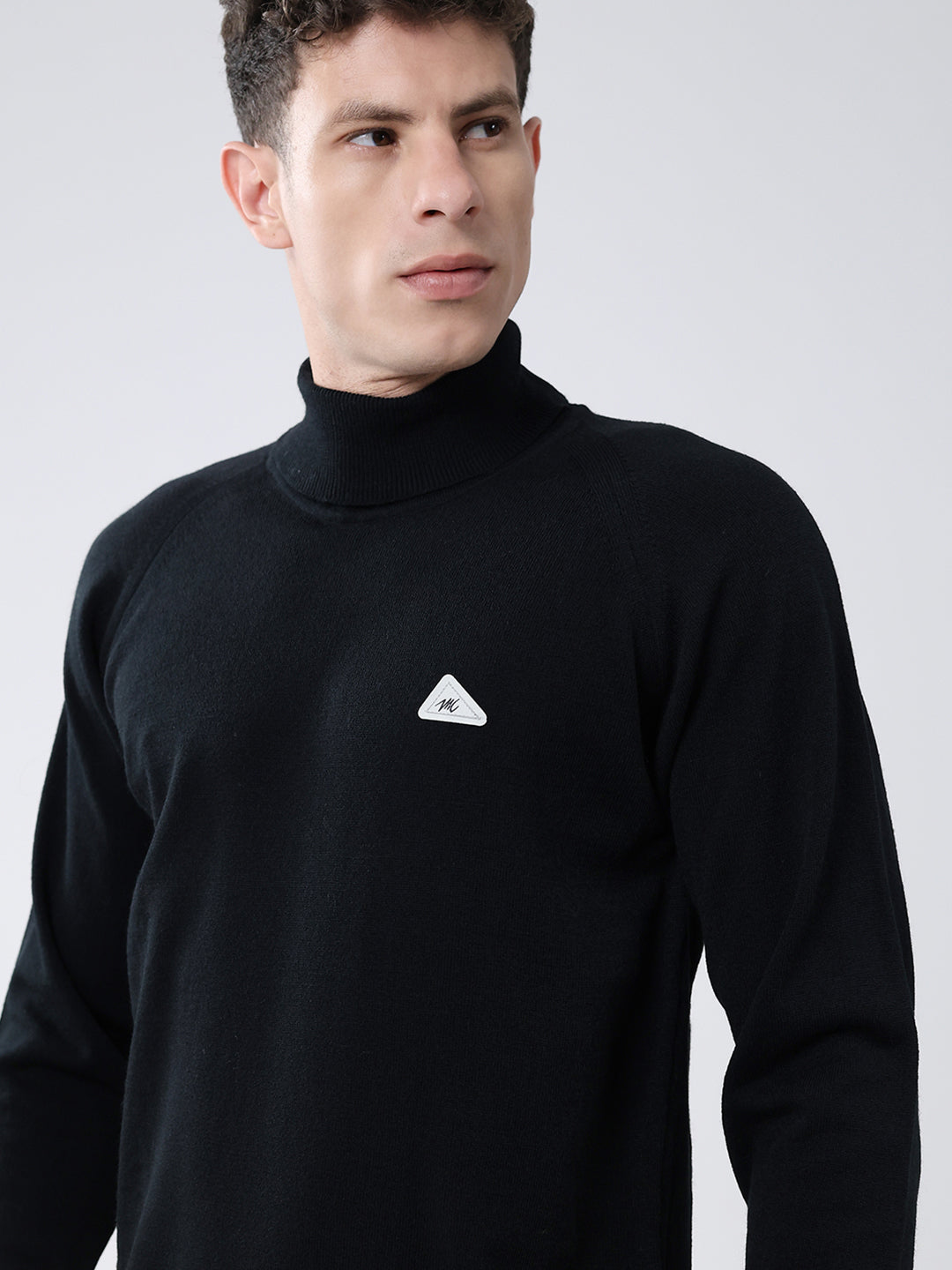 Men Black Solid High Neck Full Sleeve Pullover