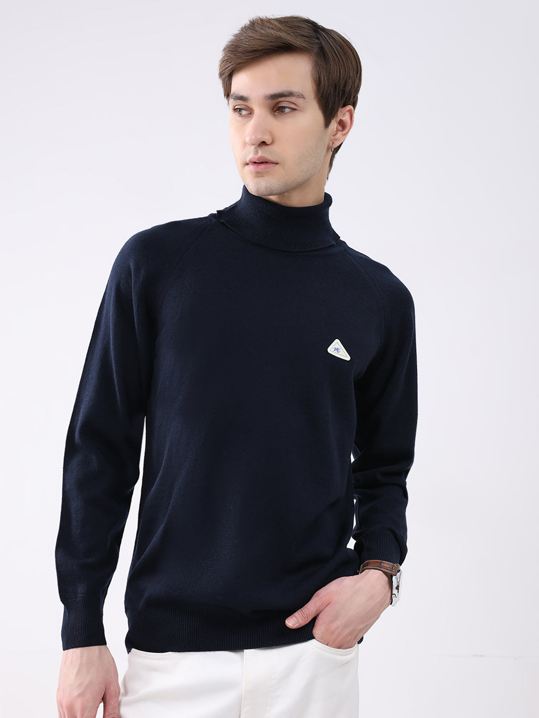 Men Navy Blue Solid Turtle Neck Full Sleeve Pullover
