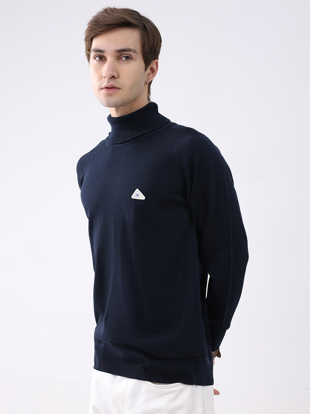 Men Navy Blue Solid Turtle Neck Full Sleeve Pullover