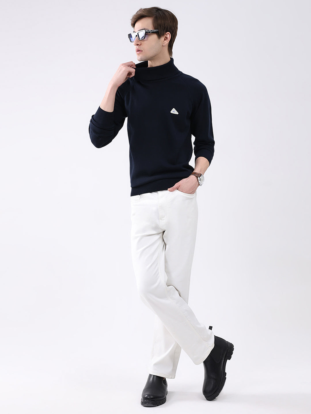 Men Navy Blue Solid Turtle Neck Full Sleeve Pullover