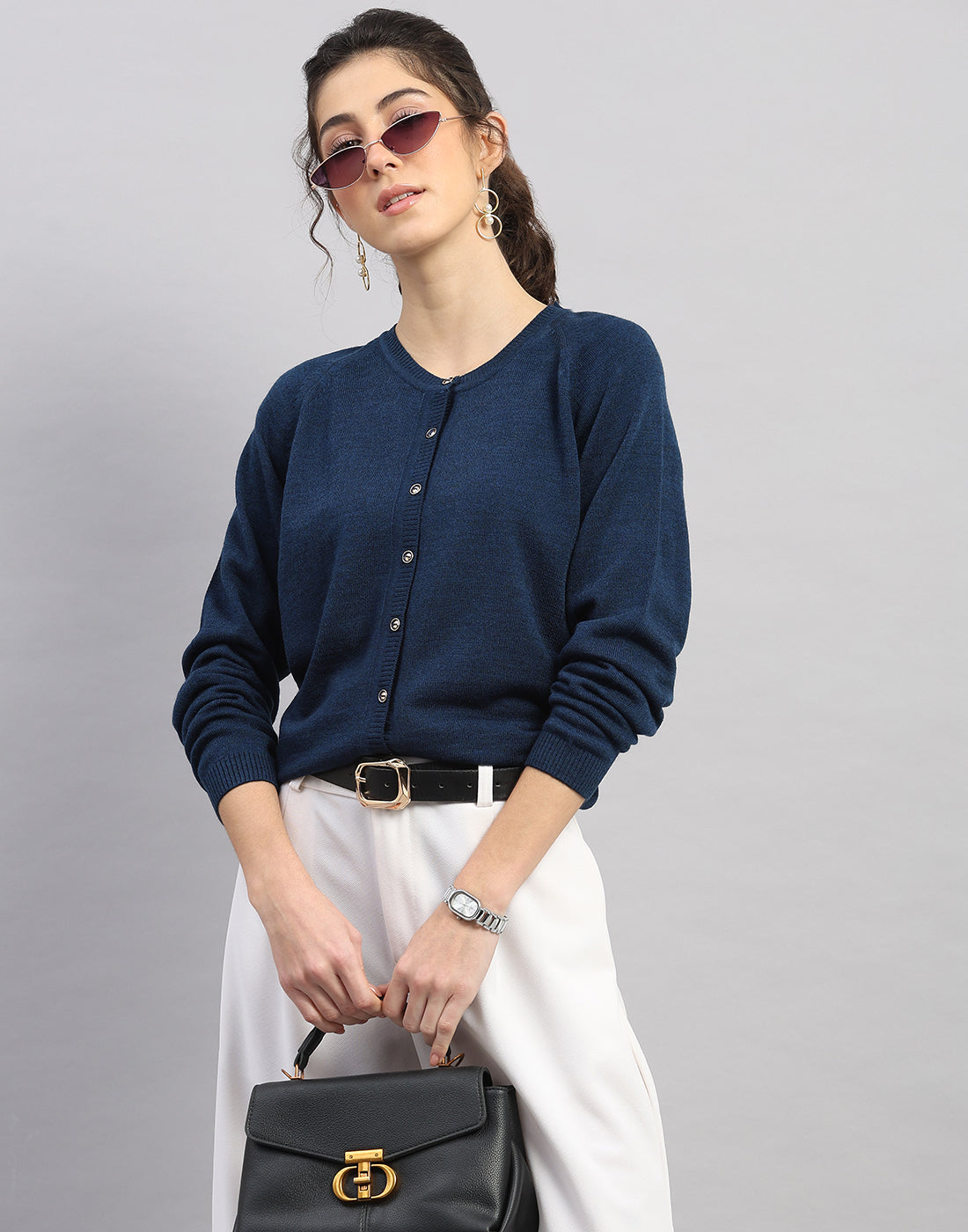 Women Blue Solid Round Neck Full Sleeve Cardigan