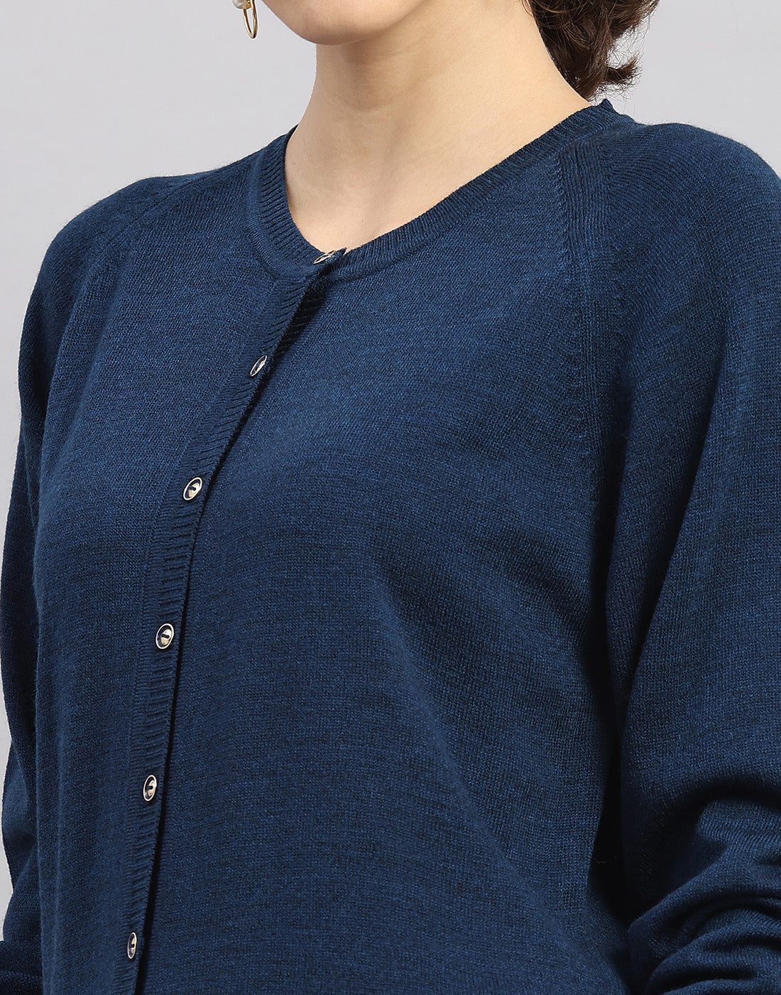 Women Blue Solid Round Neck Full Sleeve Cardigan