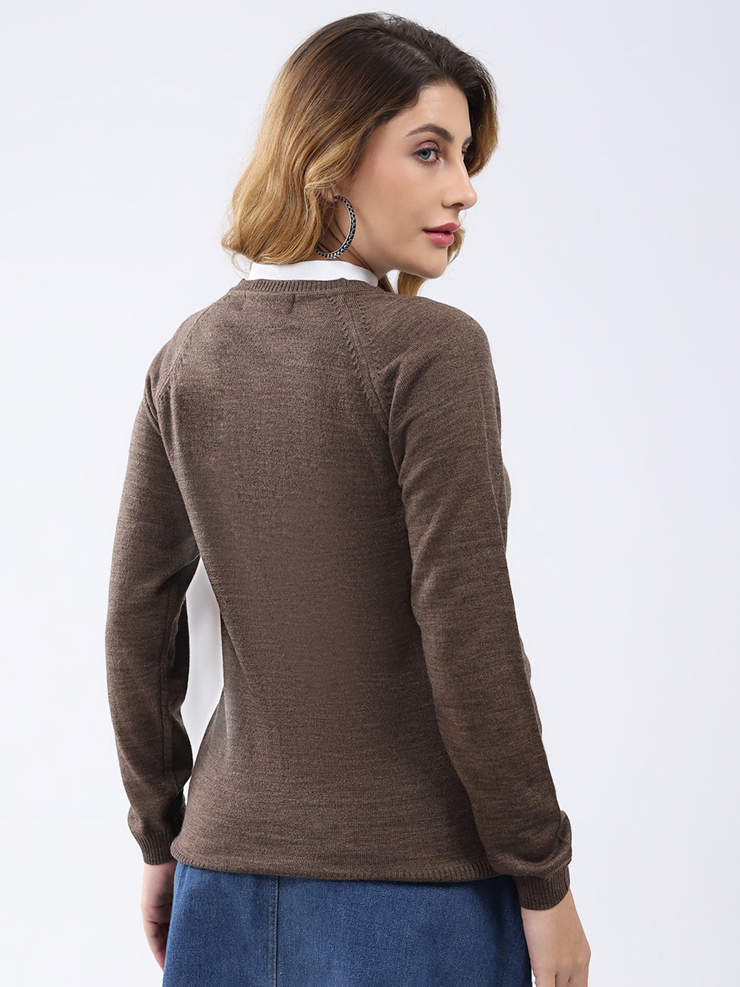 Women Brown Solid Round Neck Full Sleeve Cardigan