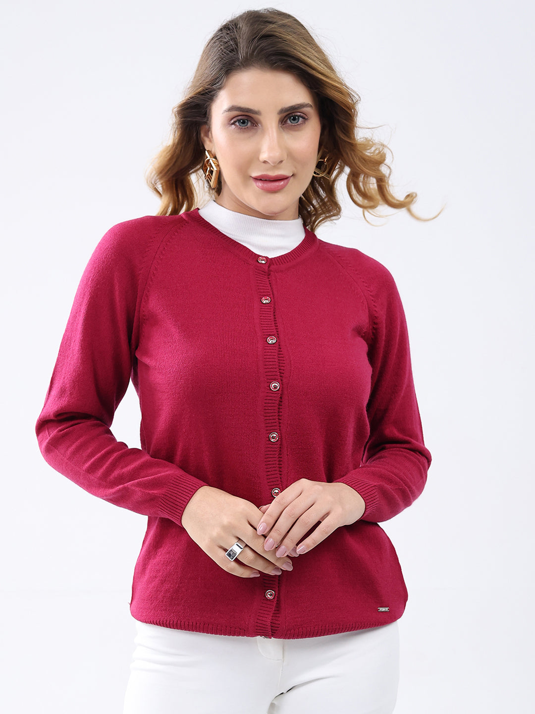 Women Magenta Solid Round Neck Full Sleeve Cardigan