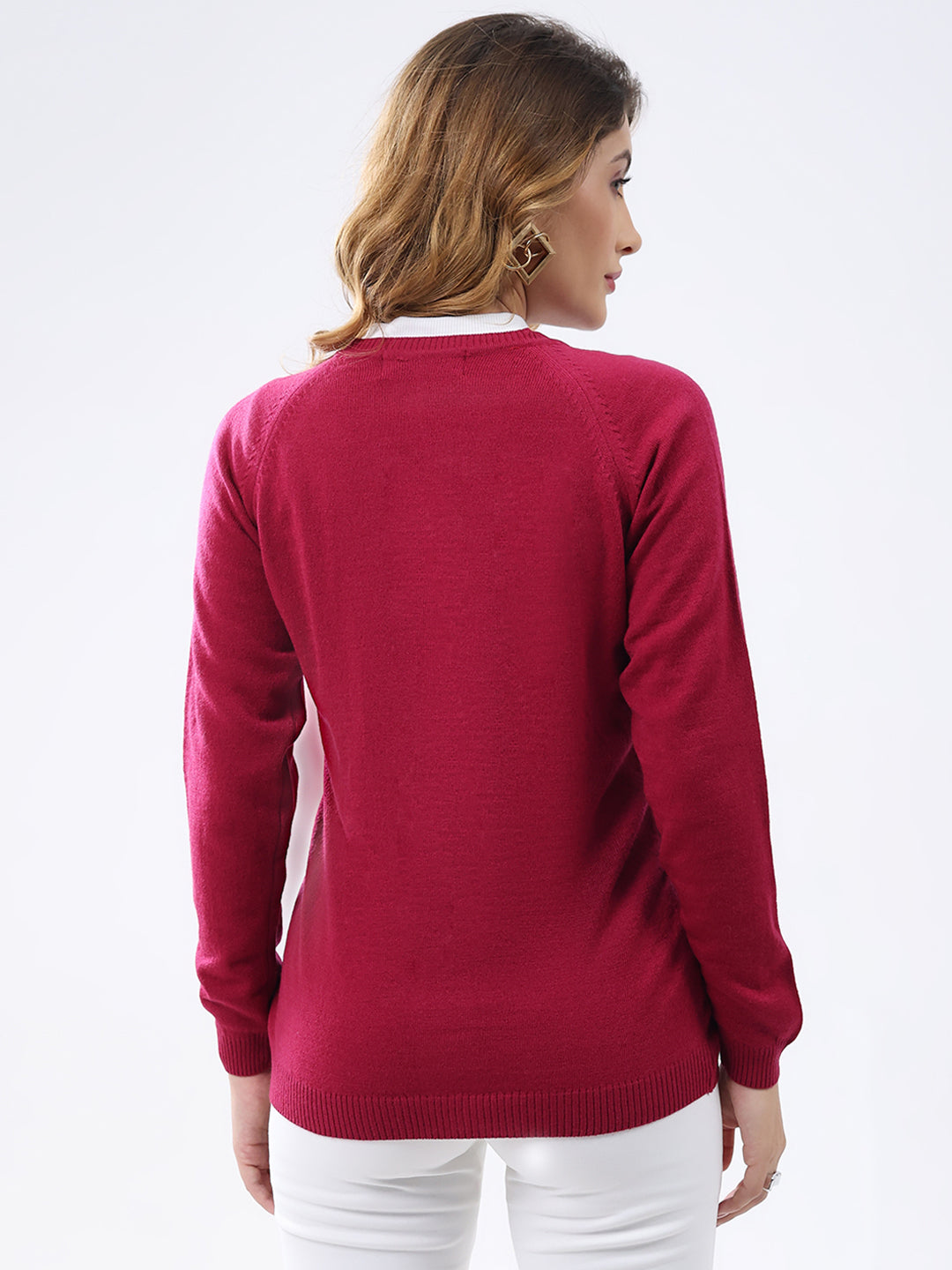 Women Magenta Solid Round Neck Full Sleeve Cardigan