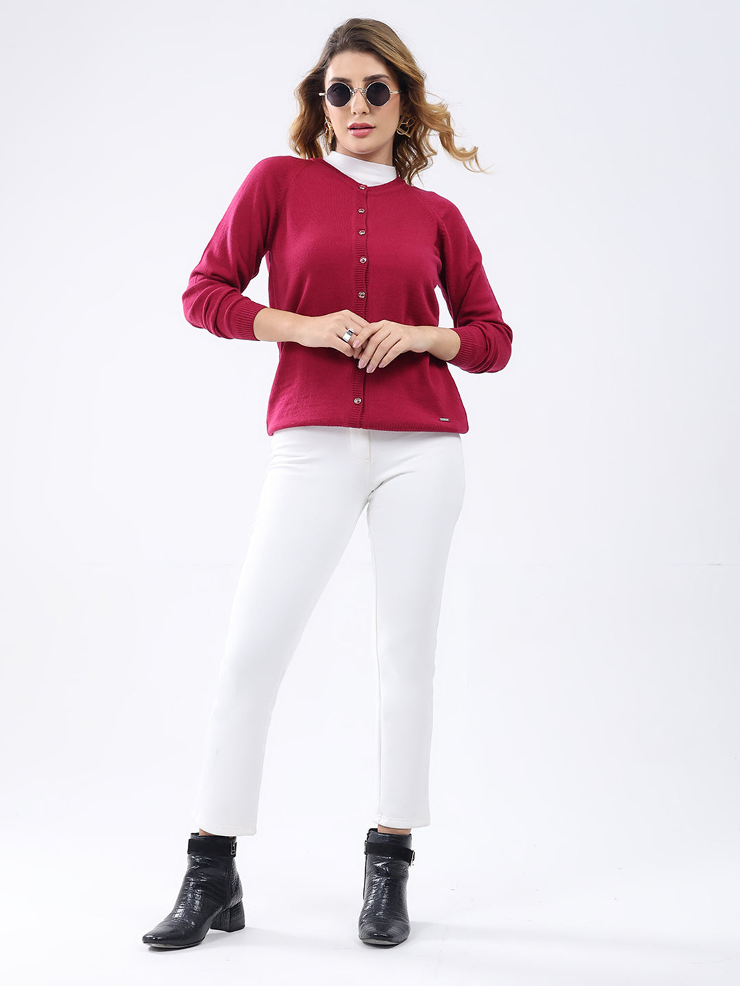 Women Magenta Solid Round Neck Full Sleeve Cardigan