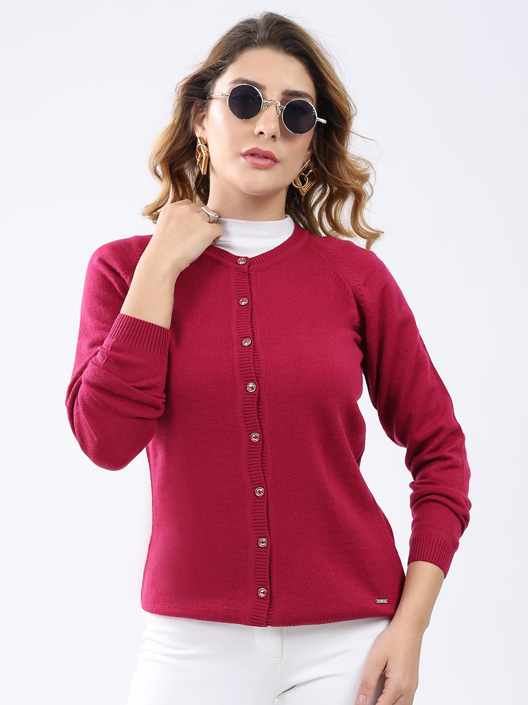 Women Magenta Solid Round Neck Full Sleeve Cardigan