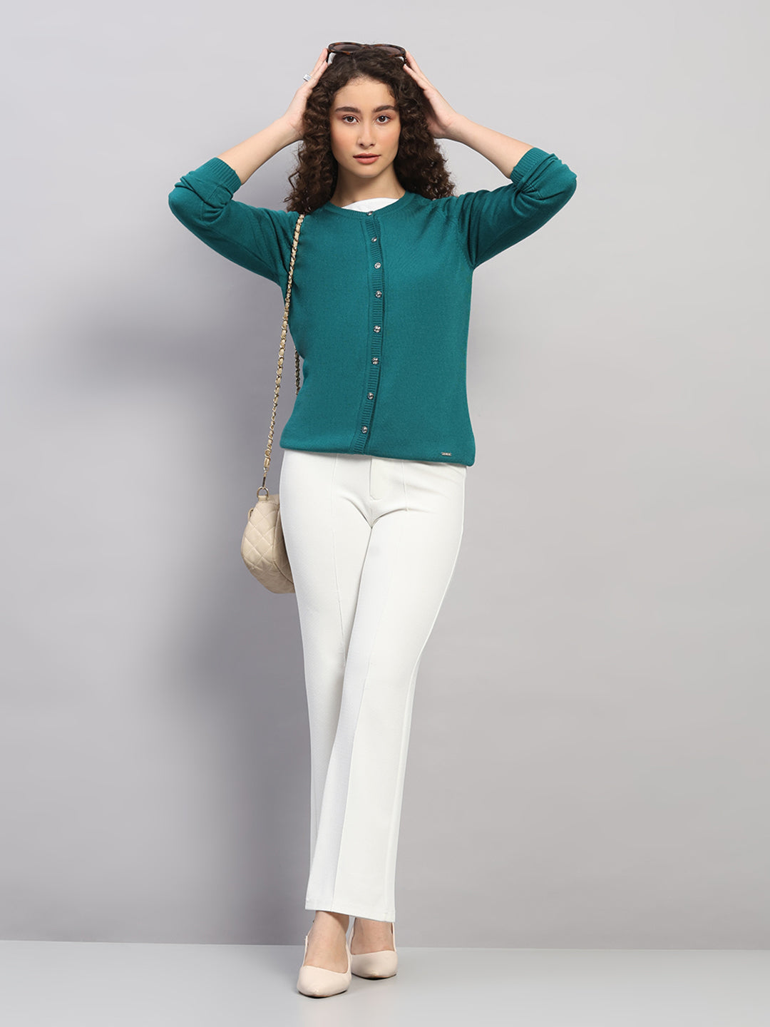 Women Green Solid Round Neck Full Sleeve Cardigan