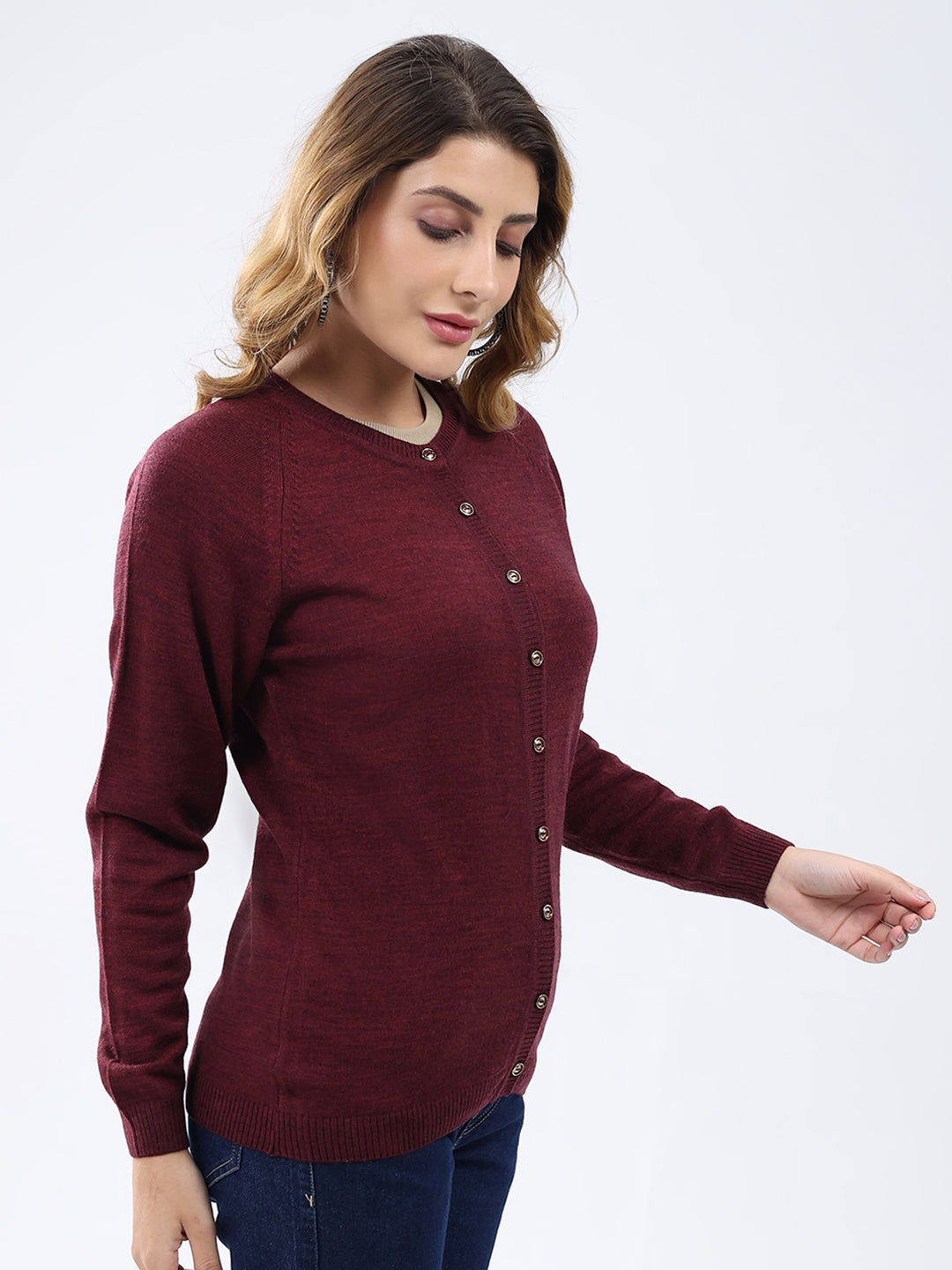 Women Maroon Solid Round Neck Full Sleeve Cardigan