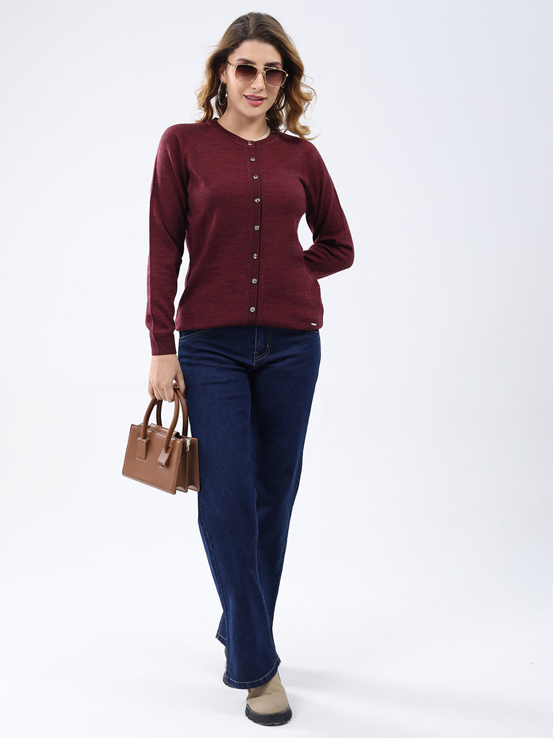 Women Maroon Solid Round Neck Full Sleeve Cardigan