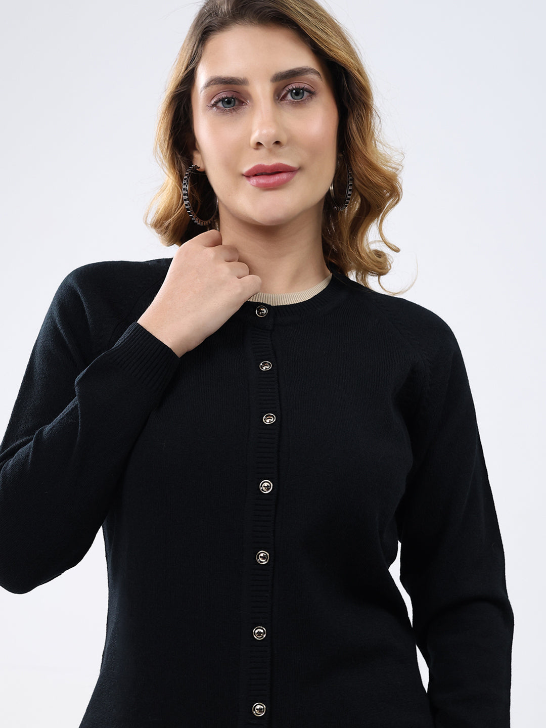 Women Black Solid Round Neck Full Sleeve Cardigan