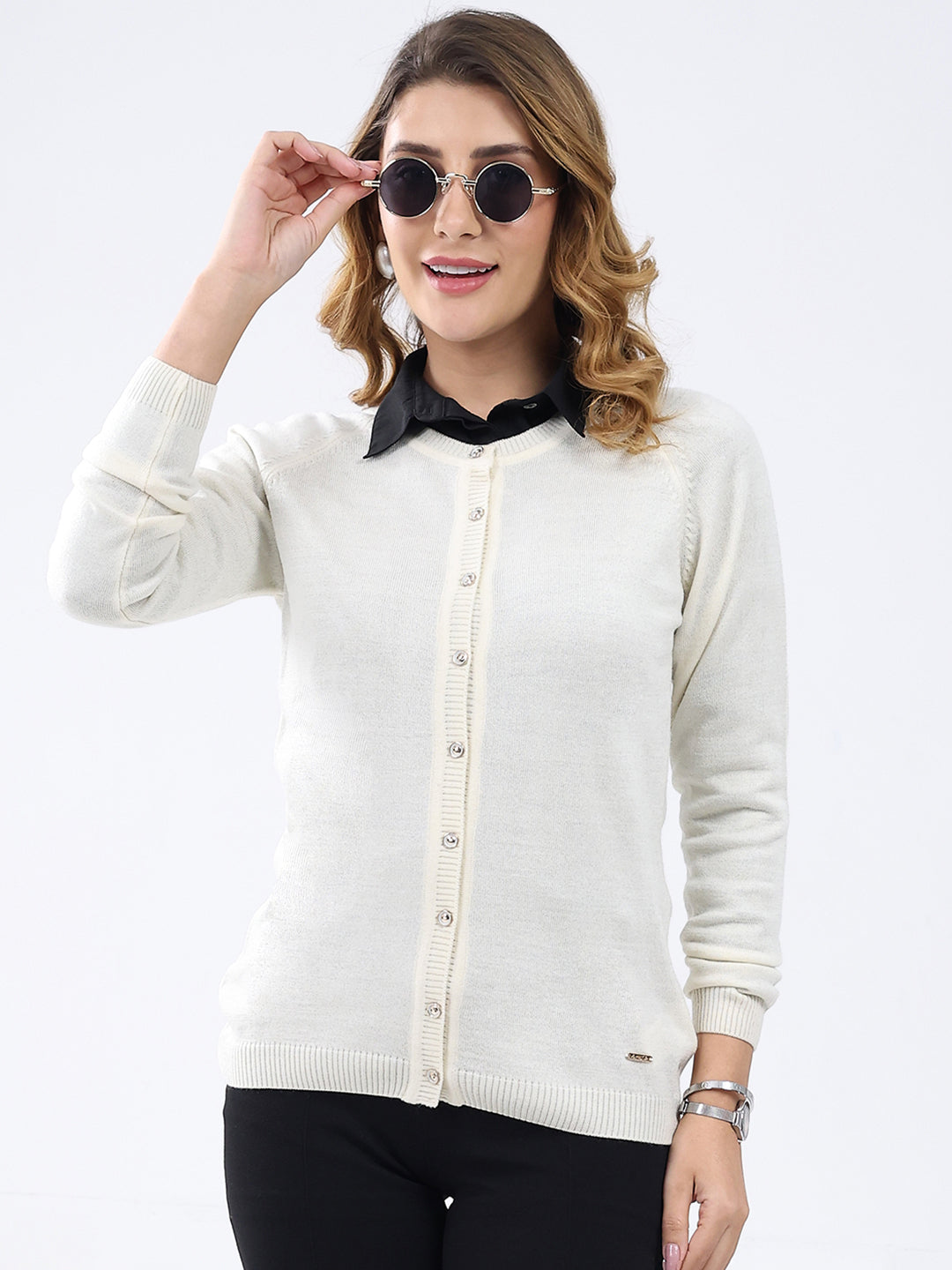 Women White Solid Round Neck Full Sleeve Cardigan