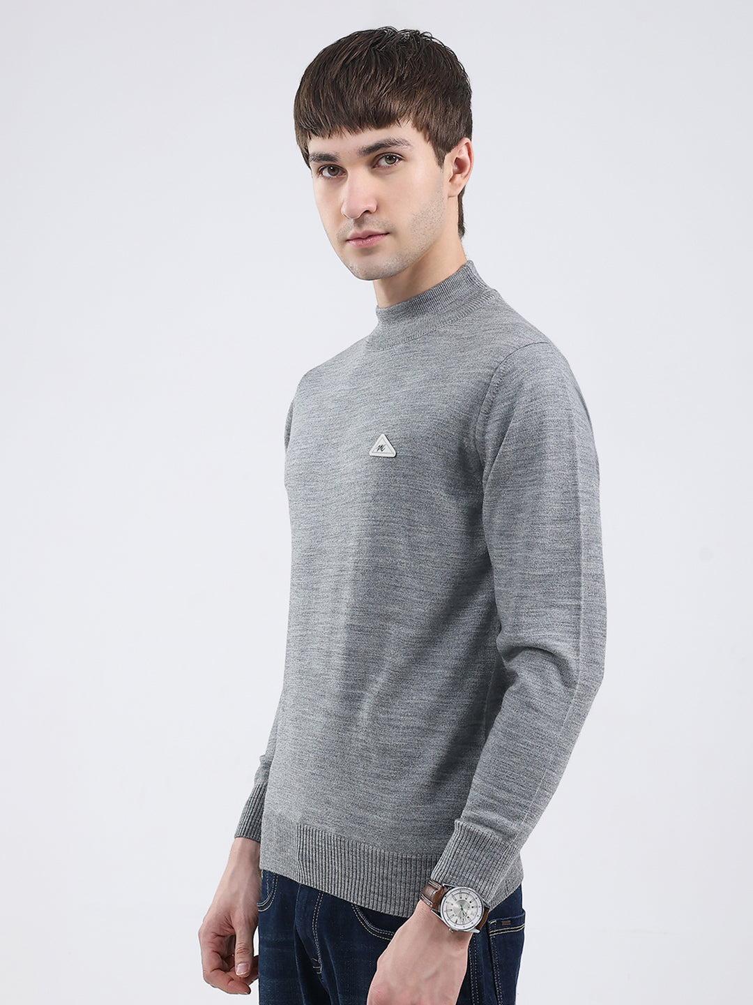 Men Grey Solid Turtle Neck Full Sleeve Pullover