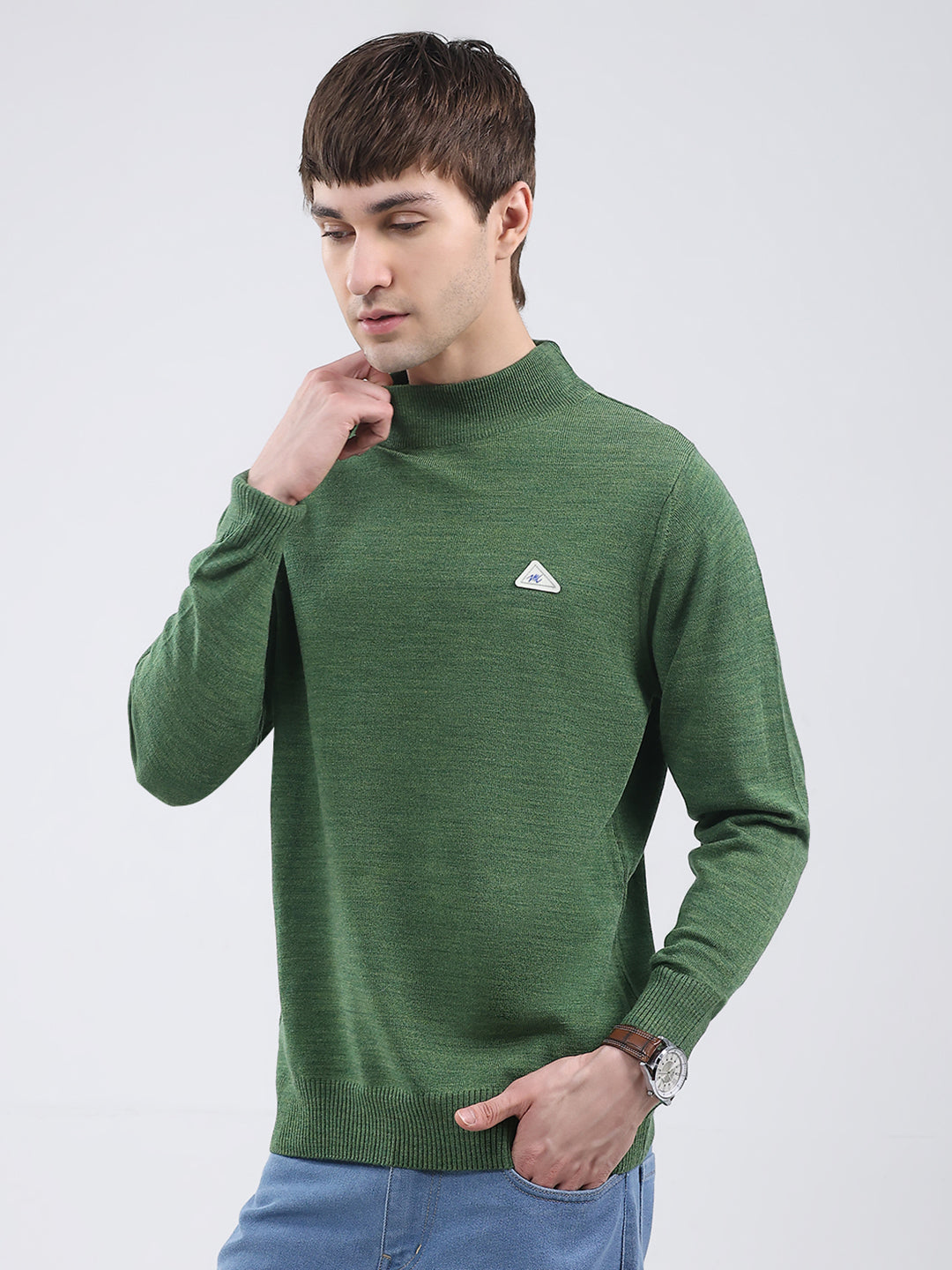 Men Green Solid Turtle Neck Full Sleeve Pullover