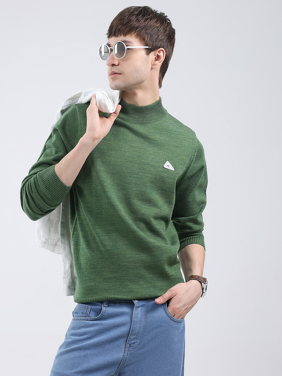 Men Green Solid Turtle Neck Full Sleeve Pullover
