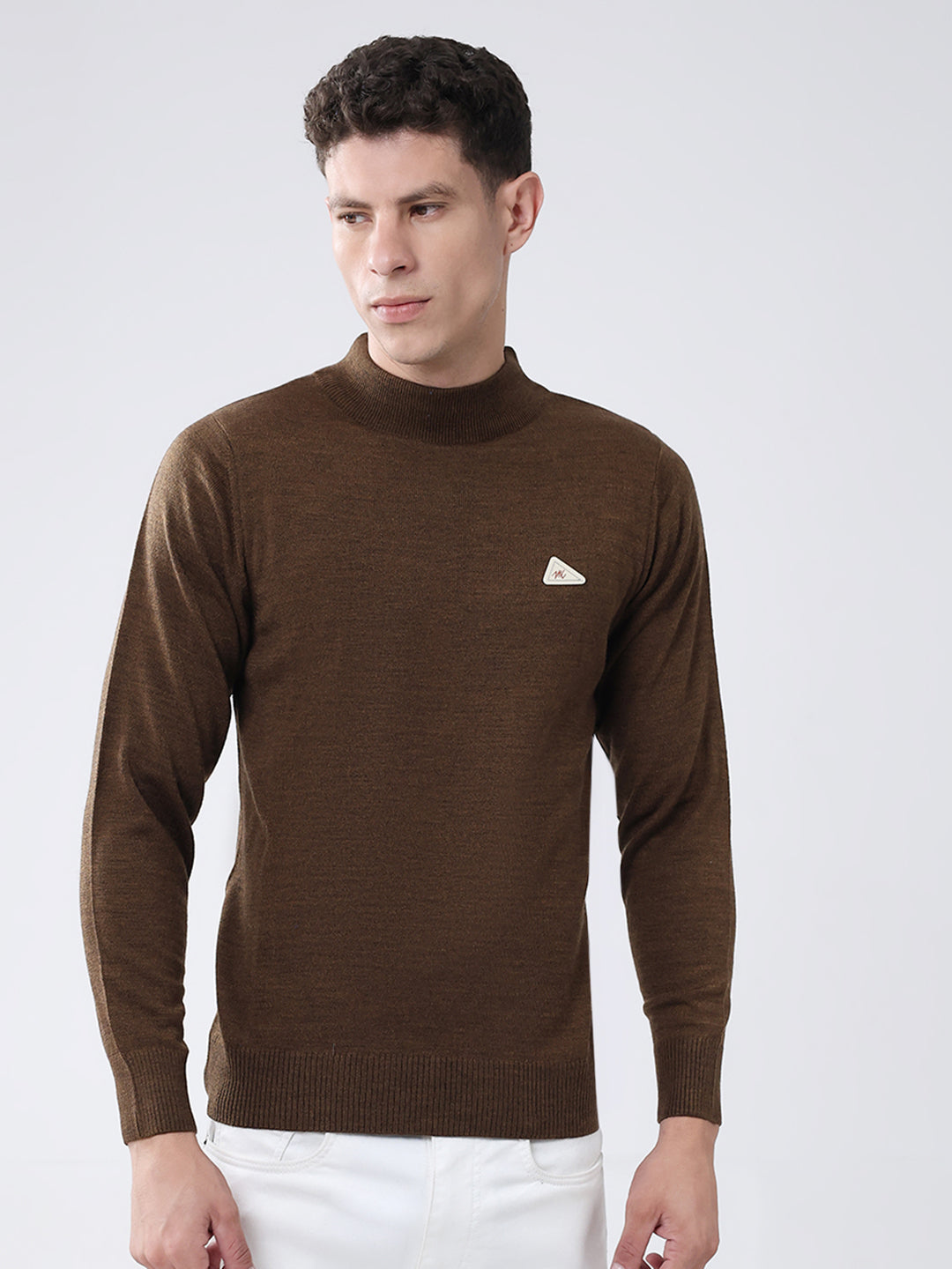 Men Brown Solid High Neck Full Sleeve Pullover