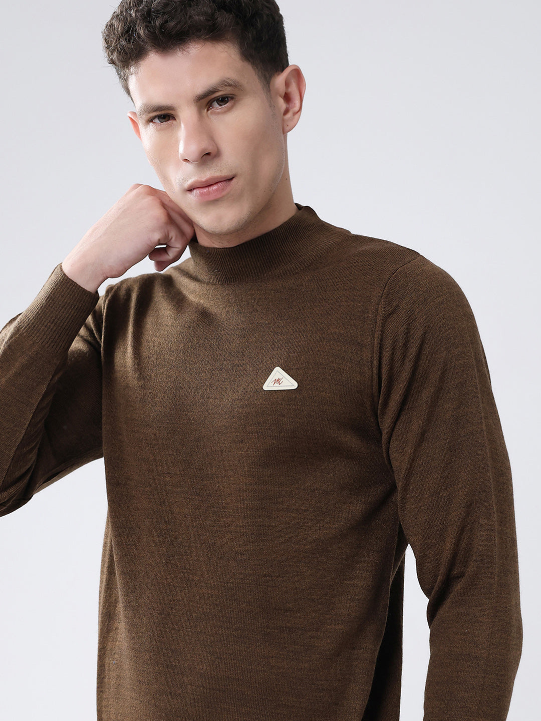 Men Brown Solid High Neck Full Sleeve Pullover