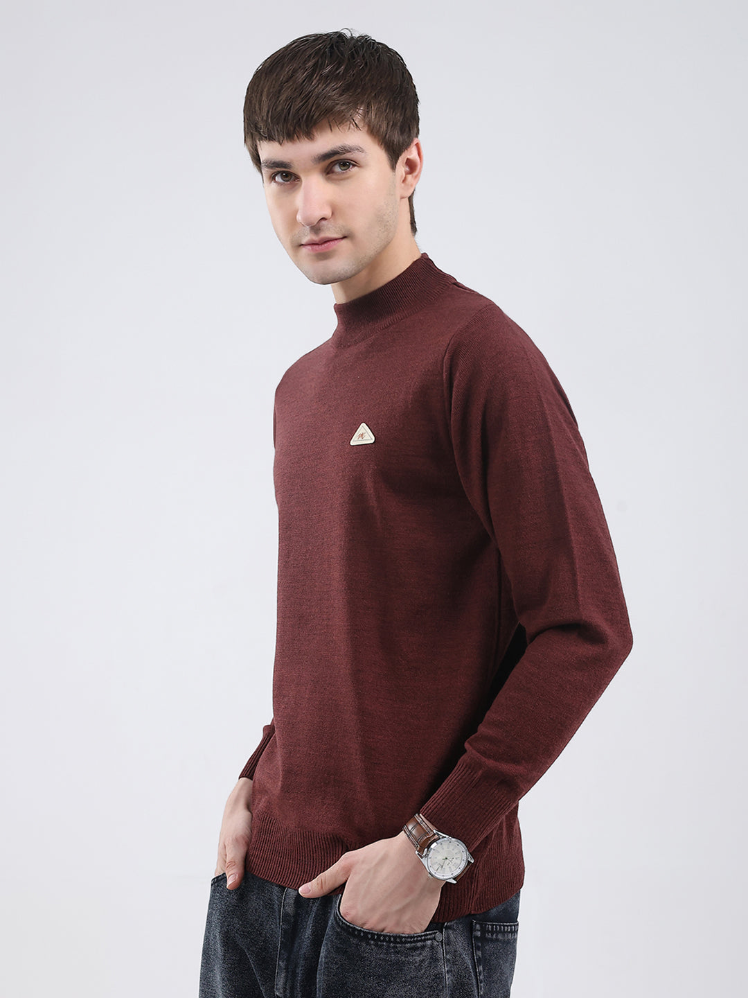 Men Brown Solid Turtle Neck Full Sleeve Pullover