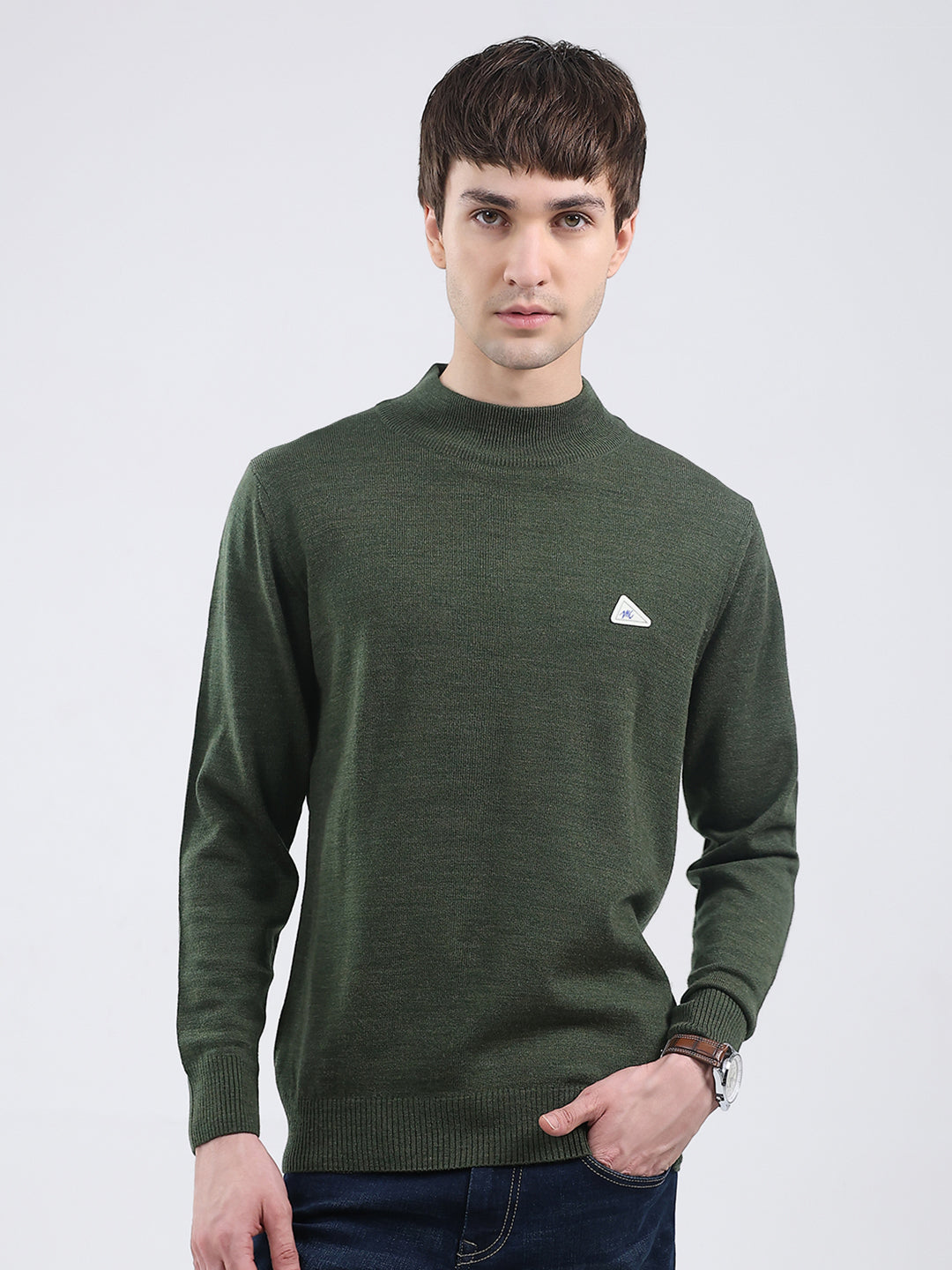 Men Green Solid Turtle Neck Full Sleeve Pullover