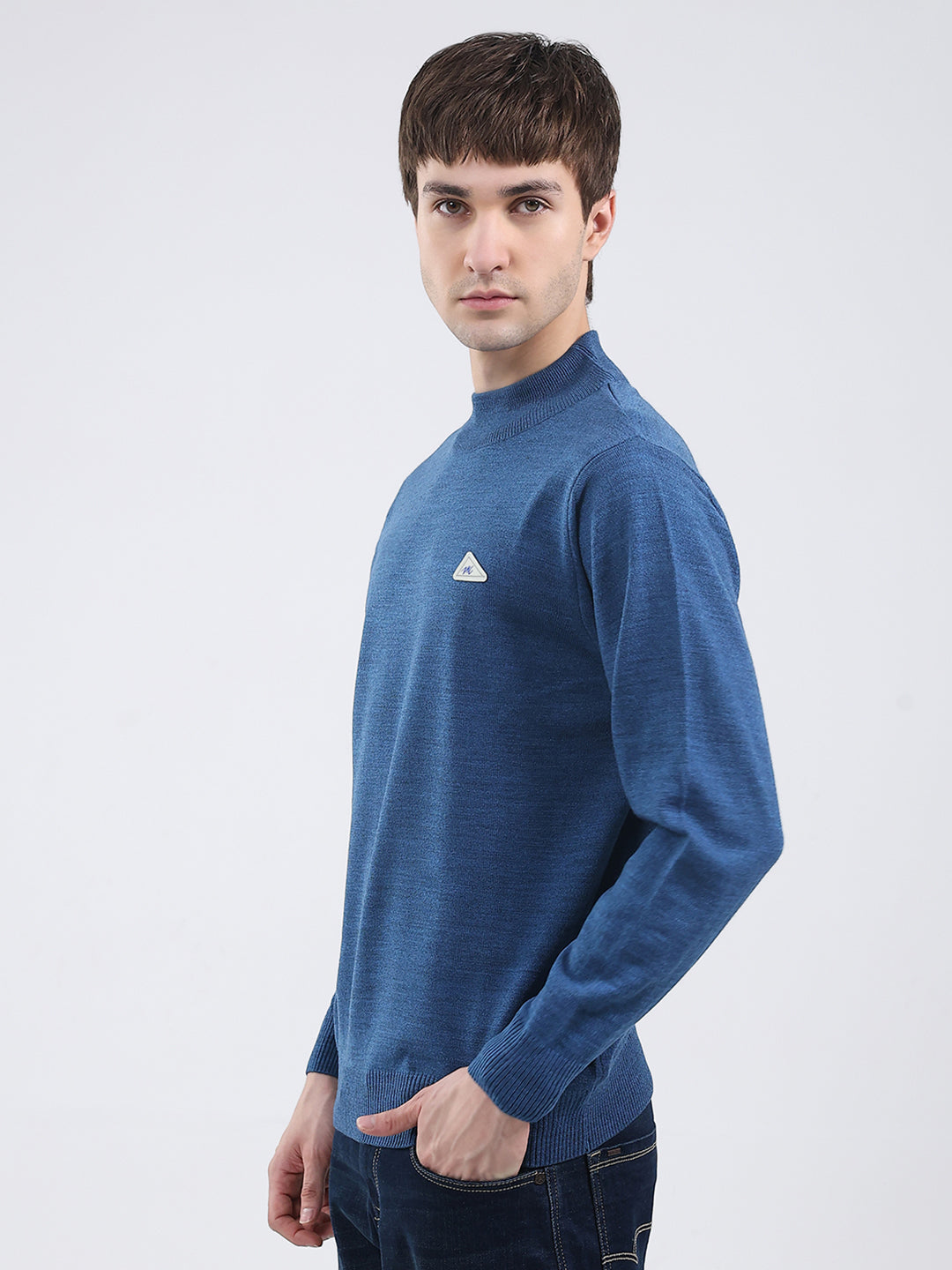 Men Blue Solid Turtle Neck Full Sleeve Pullover