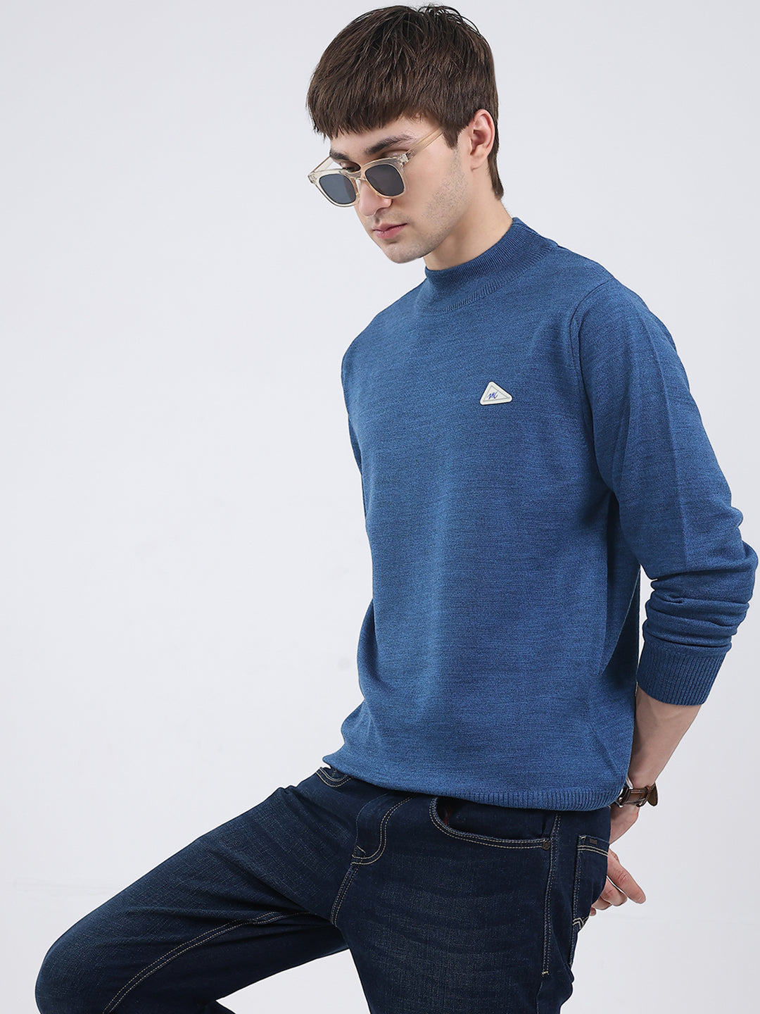 Men Blue Solid Turtle Neck Full Sleeve Pullover