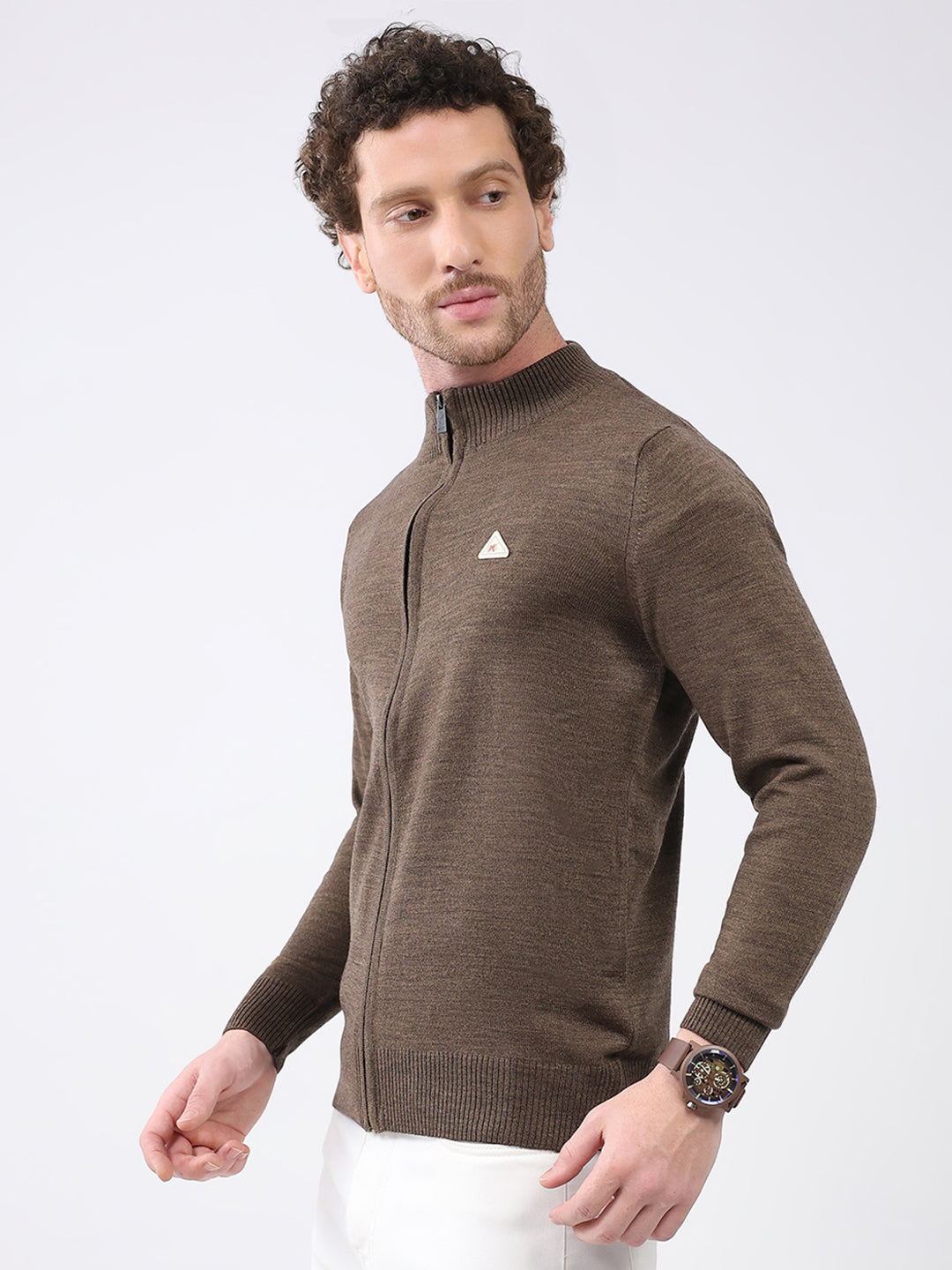 Men Brown Solid Mock Neck Full Sleeve Pullover